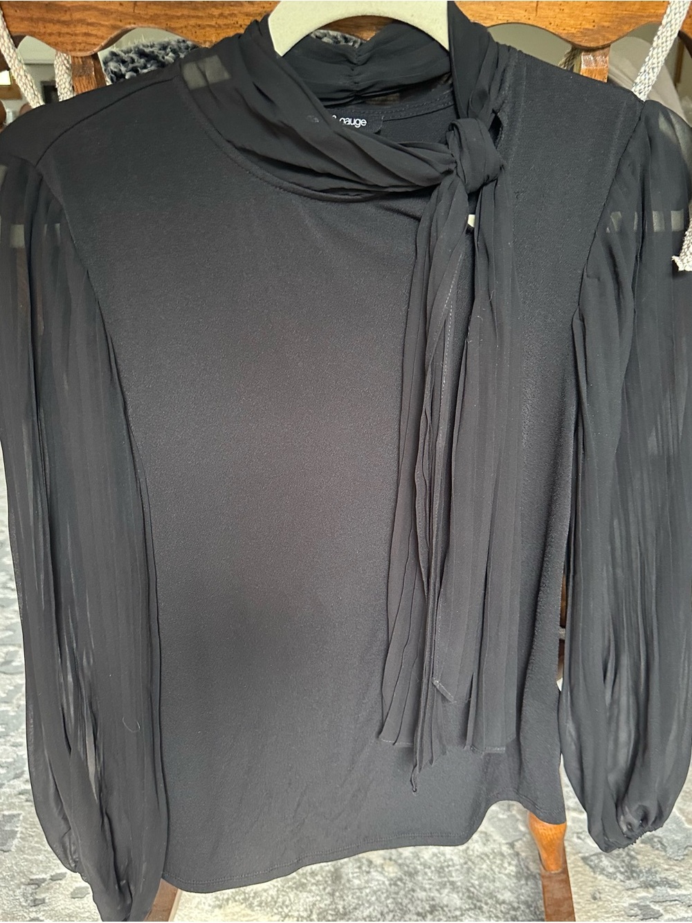 Cable & Gauge Black Sheer-Sleeve Tie-Neck Blouse